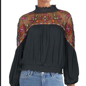 Free People bright Embroidered sheer Yoke black Monday Morning Top high neck XS